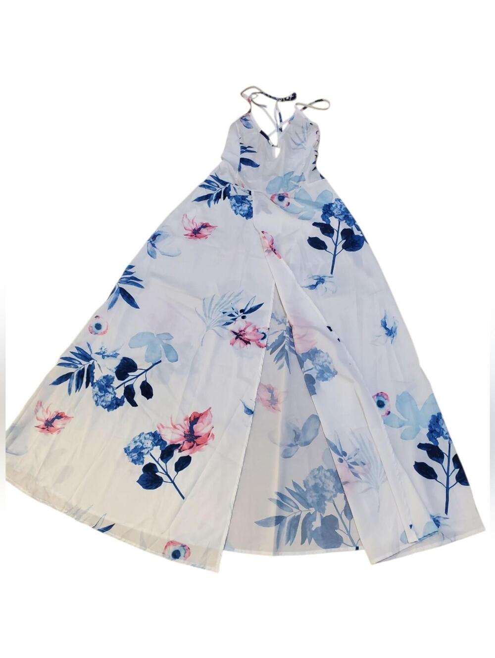 White Floral Maxi Dress Spaghetti Strap Halter Neck Criss Cross Back Slit - Picture 4 of 8